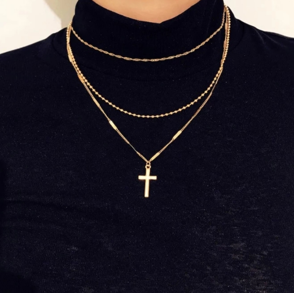 Goldtone Layered Cross Necklace - Picture 8 of 8